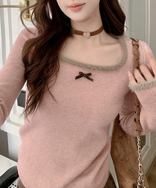 Teem Store（チームストア）の「チビリボン デザインリブニット（Tシャツ/カットソー・レディース・アイボリー/ピンク・F）」の2枚目の写真