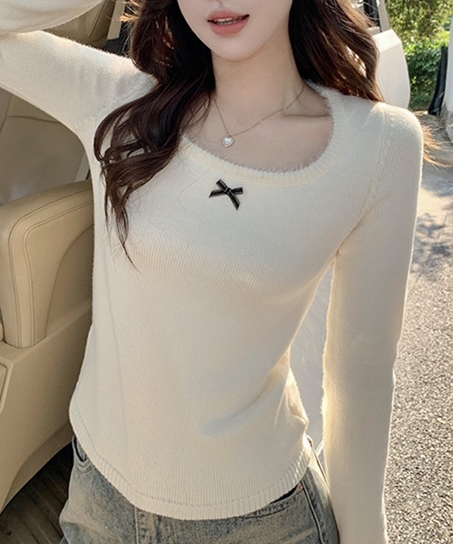 Teem Store（チームストア）の「チビリボン デザインリブニット（Tシャツ/カットソー・レディース・アイボリー/ピンク・F）」の7枚目の写真
