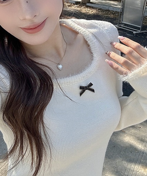 Teem Store（チームストア）の「チビリボン デザインリブニット（Tシャツ/カットソー・レディース・アイボリー/ピンク・F）」の3枚目の写真