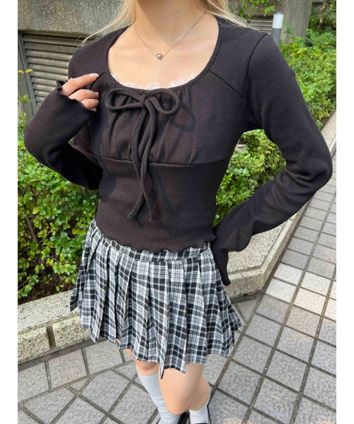 PHILLY（フィリー）の「【PHILLY】レースレイヤードリブトップス（Tシャツ/カットソー・レディース・グレー/アイボリー/ブラック・FREE）」の3枚目の写真