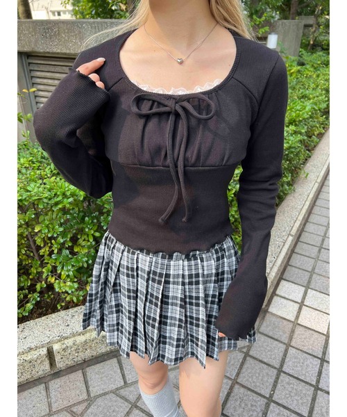 PHILLY（フィリー）の「【PHILLY】レースレイヤードリブトップス（Tシャツ/カットソー・レディース・グレー/アイボリー/ブラック・FREE）」の6枚目の写真