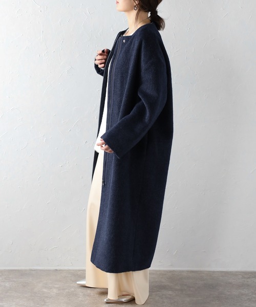 Bonjour Sagan（ボンジュールサガン）の「パイピングシャギーロングコート（ノーカラーコート・レディース・ネイビー/マスタード/ライトグレー/ブラック/ブラウン系その他・FREE）」の19枚目の写真