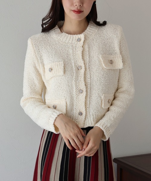 セール】ノーカラーニットジャケット（カーディガン/ボレロ