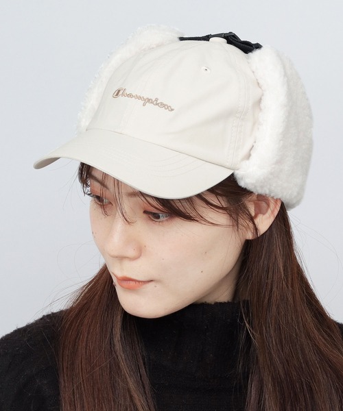 Champion（チャンピオン）の「コットンナイロン タフタ ボアイヤーフラップ付き フライトキャップ（キャップ・メンズ・ブラック/アイボリー/チャコール・FREE）」の3枚目の写真