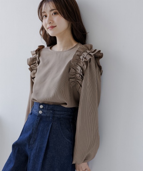 高身長 ショルダーフリルグレンチェックブラウス（トールサイズ）fifiean（シャツ/ブラウス）｜slattgir（スラットジール）