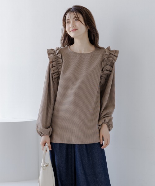 美品 ウラジョンソン 定価3,2万円 チェック柄のフリルブラウス V264 ▽美品 ウラジョンソン 定価3,2万円 チェック柄のフリルブラウス