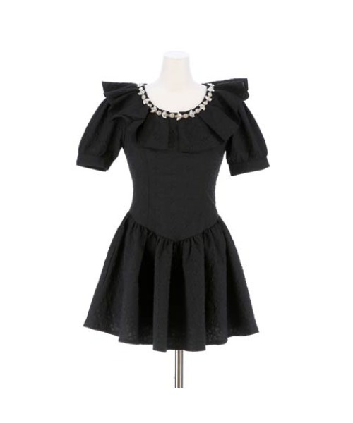 ビジューフリル ジャガード パフスリーブ ミニ ワンピース（ドレス