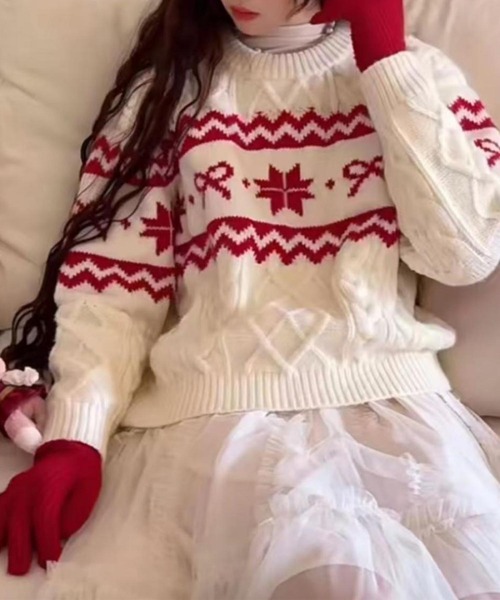 aimoha(アイモハ)の「ノルディック柄リボンケーブルニットセーター(ニット/セーター・レディース・ブルー/ホワイト・FREE)」の2枚目の写真