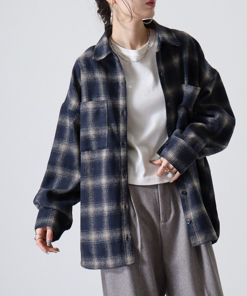 atONE(アットワン)の「起毛チェックロングシャツ(シャツ/ブラウス・レディース・オフホワイト/ブラック/ネイビー/ブラウン・F)」の11枚目の写真