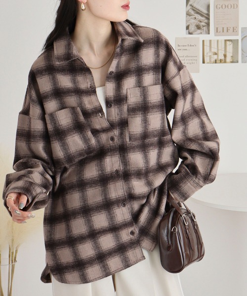 起毛チェックシャツ　ブラウン　L セール】起毛チェックロングシャツ（シャツ/ブラウス）｜atONE