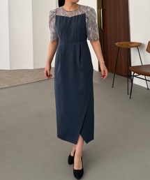 リーフ刺繍レースラップタイトドレス