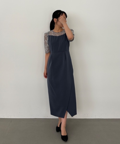 リーフ 刺繍 レース ラップ タイトドレス ドリードール ブラウン セール】リーフ刺繍レースラップタイトドレス（ドレス）｜Dorry