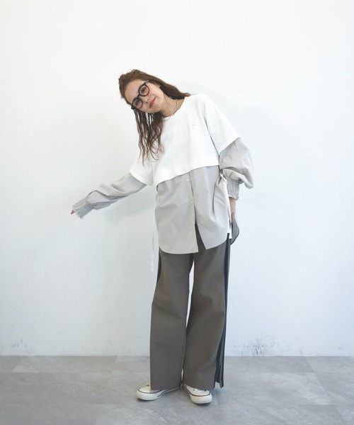 niko and...（ニコアンド）の「【MODE NORM CORE】裏毛レイヤードライクシャツ（シャツ/ブラウス・レディース・ネイビー/オフホワイト/グレー・MEDIUM/LARGE）」の6枚目の写真