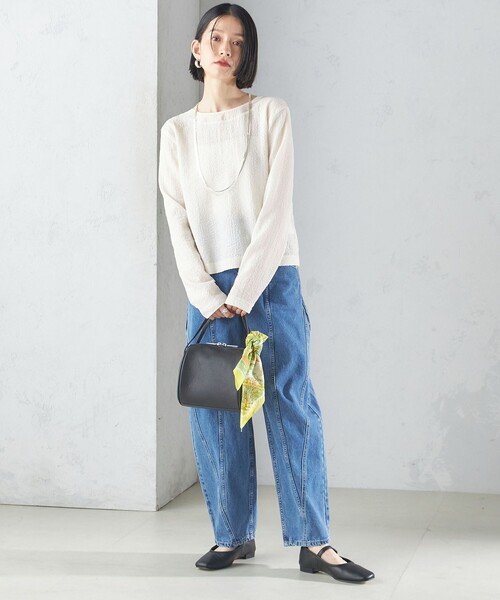 SHIPS(シップス)の「〈手洗い可能〉シアー ネック ポコビュー TEE ブラウス(シャツ/ブラウス・レディース・オフホワイト/ネイビー・ONE SIZE)」の4枚目の写真