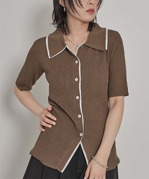miette(ミエット)の「配色ドッキングポロニット(ニット/セーター・レディース・グレー/ブラウン/ライトグリーン・FREE)」の1枚目の写真