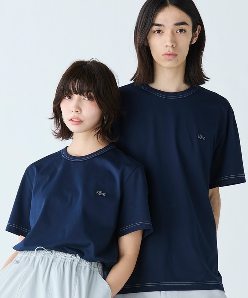 【LACOSTE】ロゴ 半袖Tシャツ コットンジャージー ネイビー セール】配色ステッチ半袖Tシャツ（Tシャツ/カットソー