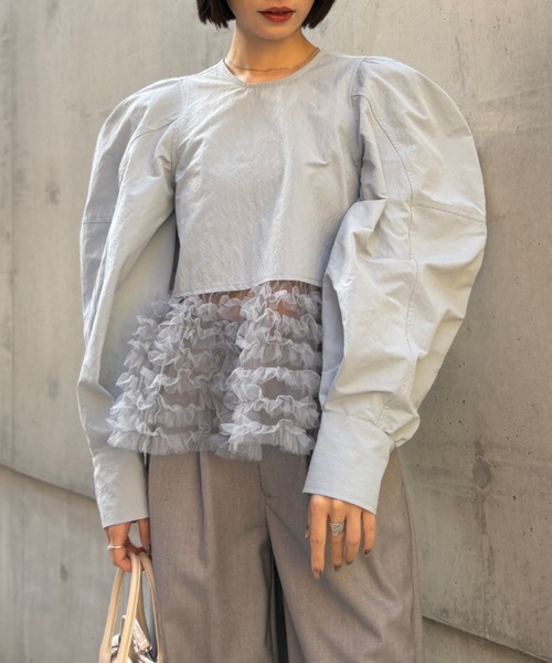 HONEY MI HONEY（ハニーミーハニー）の「tulle frill peplum blouse（シャツ/ブラウス・レディース・サックスブルー/ホワイト/ブラック・FREE）」の14枚目の写真