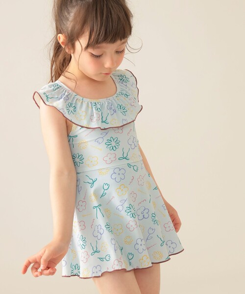 BEAMS mini（ビームスミニ）の「フレア ワンピース スイムウェア 2025SS（100～130cm）（水着・キッズ・ピンク/サックスブルー・S(100～110)/M(110～120)/L(120～130)）」の2枚目の写真