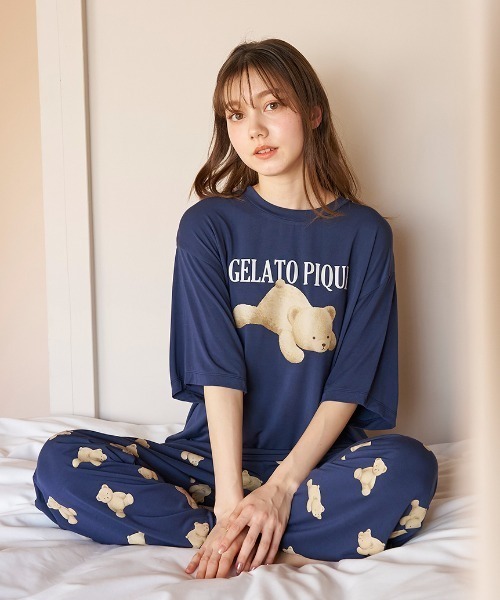 ＊ラスト1点＊ベア ワンポイント Tシャツ & ロングパンツ 接触冷感 ネイビー ラスト1点＊ベア ワンポイント Tシャツ & ロングパンツ 接触冷感