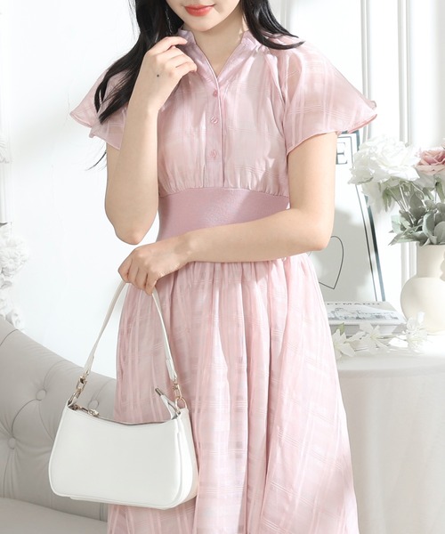 Lace Ladies(レースレディース)の「シアー タータンチェック フレア袖 ギャザー ワンピース レディース(ワンピース・レディース・ネイビー/ピンク/ブラック・S/FREE)」の3枚目の写真