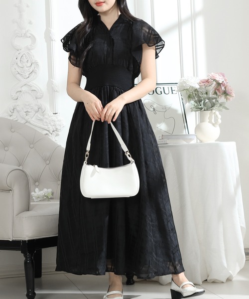 Lace Ladies(レースレディース)の「シアー タータンチェック フレア袖 ギャザー ワンピース レディース(ワンピース・レディース・ネイビー/ピンク/ブラック・S/FREE)」の2枚目の写真