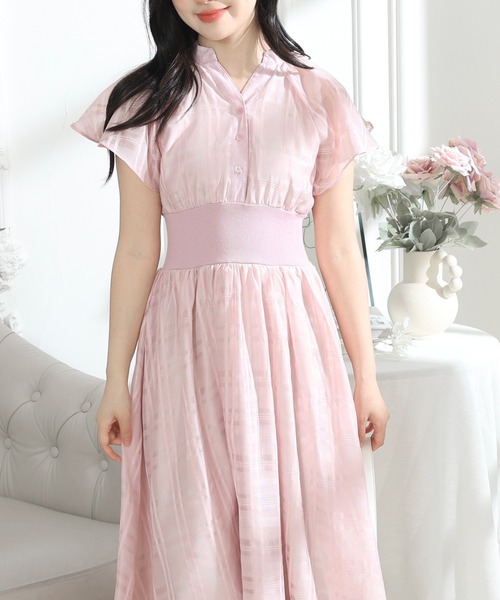 Lace Ladies(レースレディース)の「シアー タータンチェック フレア袖 ギャザー ワンピース レディース(ワンピース・レディース・ネイビー/ピンク/ブラック・S/FREE)」の5枚目の写真