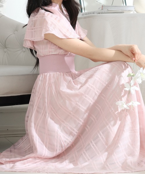 Lace Ladies(レースレディース)の「シアー タータンチェック フレア袖 ギャザー ワンピース レディース(ワンピース・レディース・ネイビー/ピンク/ブラック・S/FREE)」の7枚目の写真