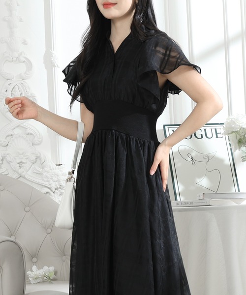 Lace Ladies(レースレディース)の「シアー タータンチェック フレア袖 ギャザー ワンピース レディース(ワンピース・レディース・ネイビー/ピンク/ブラック・S/FREE)」の10枚目の写真