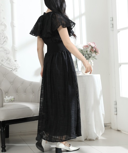 Lace Ladies(レースレディース)の「シアー タータンチェック フレア袖 ギャザー ワンピース レディース(ワンピース・レディース・ネイビー/ピンク/ブラック・S/FREE)」の13枚目の写真