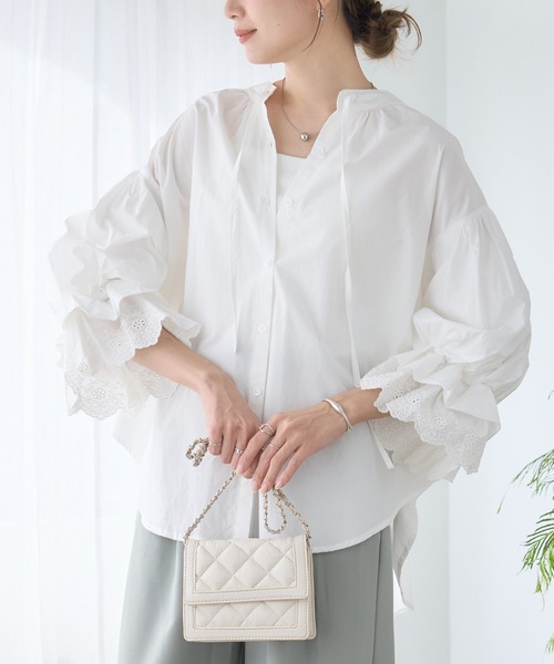 anown(アノン)の「ボリューム袖ブラウス フリル袖ブラウス ぽわん袖 ボリュームスリーブ ブラウス シャツ 長袖 七分袖 トップス 春服 秋服(シャツ/ブラウス・レディース・ブラック/オフホワイト/ピンク/ベージュ・FREE)」の2枚目の写真