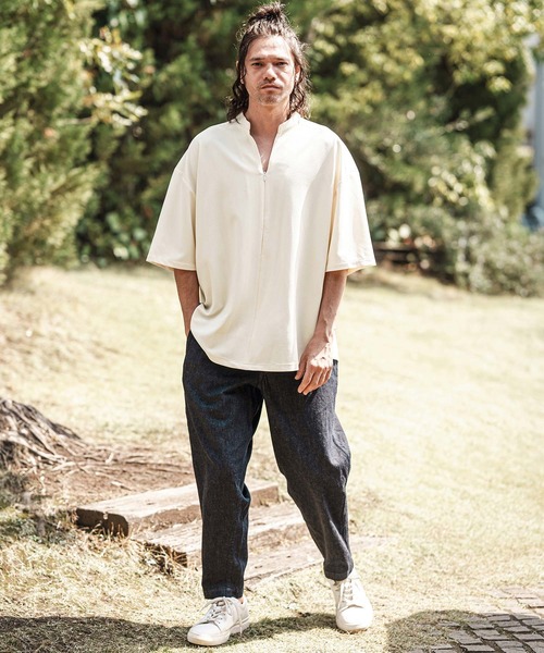 mhs2372- スキッパージップバンドカラープルオーバーシャツ（シャツ