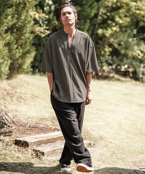 mhs2372- スキッパージップバンドカラープルオーバーシャツ（シャツ