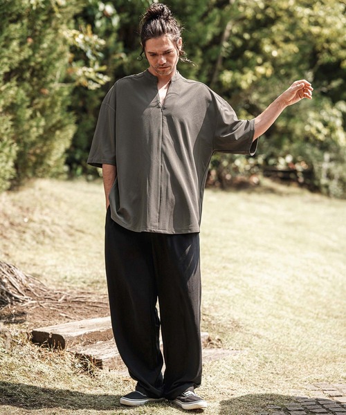 mhs2372- スキッパージップバンドカラープルオーバーシャツ（シャツ