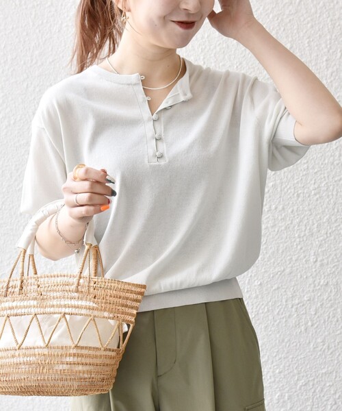 〈接触冷感/手洗い可能〉ビジュー ヘンリーネック ニット プルオーバー セール】SHIPS any:〈接触冷感/手洗い可能〉ビジュー ヘンリー