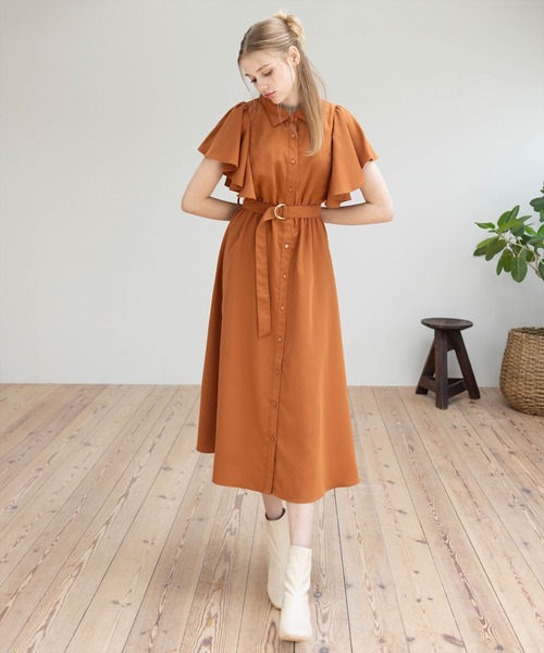 CLEAR BASIC（クリアベーシック）の「【低身長サイズ有】ウエストベルトフリルスリーブワンピース[華奢見え フェミニン]（ワンピース・レディース・ブルー系その他/ネイビー/ブラック/ネイビー系/テラコッタ/カーキ・F/XS）」の3枚目の写真