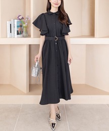 CLEAR BASIC | ウエストベルトフリルスリーブワンピース[スタイルアップ 華奢見え フェミニン 大人]≪2025SS新作≫(ワンピース)