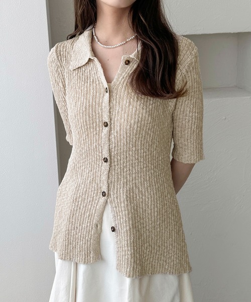 AURALEE ニットカーディガン ニットポロ　ベージュ AURALEE オーラリー 25SS SILK COTTON MELANGE RIB KNIT SHIRT