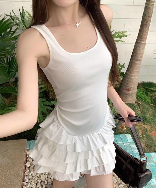 フリル ノースリーブ ミニワンピース ノースリーブ フリルワンピース ミニ 可愛い 夏ワンピ Aライン