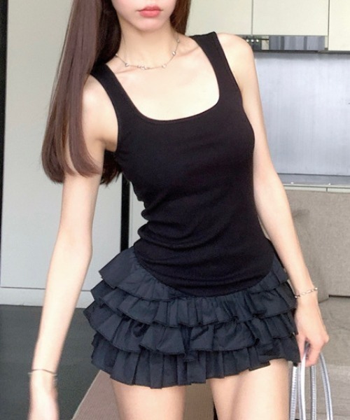 shushutong ブラックフリルノースリーブミニワンピース shushutong ブラックフリルノースリーブミニワンピース
