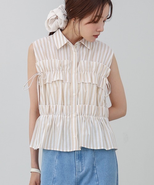 Bab(バブ)の「リボンギャザーノースリーブブラウス(シャツ/ブラウス・レディース・A/オフホワイト/ブルー・M)」の3枚目の写真