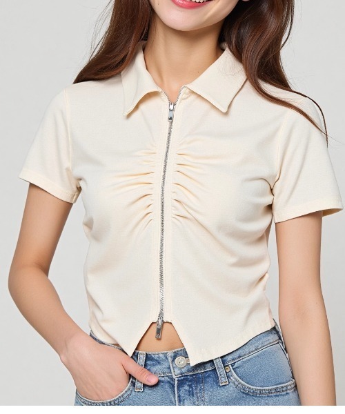 paravion（パラビオン）の「フロントギャザーデザイントップス（Tシャツ/カットソー・レディース・ブルー/ブラック/ホワイト/ブラウン/ピンク/ベージュ・FREE）」の4枚目の写真