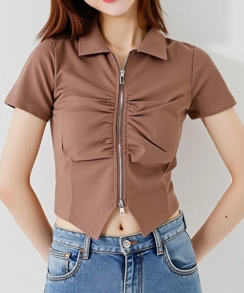 paravion（パラビオン）の「フロントギャザーデザイントップス（Tシャツ/カットソー・レディース・ブルー/ブラック/ホワイト/ブラウン/ピンク/ベージュ・FREE）」の3枚目の写真