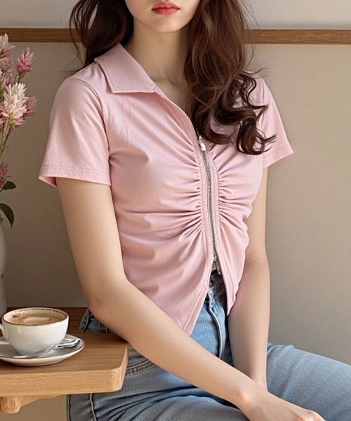 paravion（パラビオン）の「フロントギャザーデザイントップス（Tシャツ/カットソー・レディース・ブルー/ブラック/ホワイト/ブラウン/ピンク/ベージュ・FREE）」の16枚目の写真