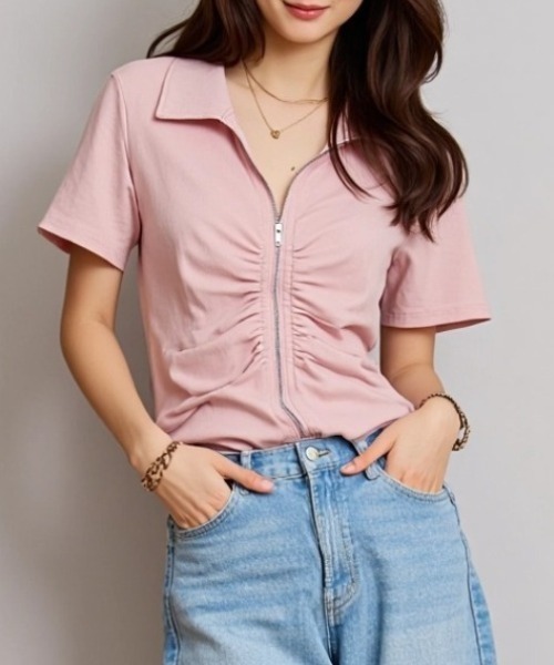 paravion（パラビオン）の「フロントギャザーデザイントップス（Tシャツ/カットソー・レディース・ブルー/ブラック/ホワイト/ブラウン/ピンク/ベージュ・FREE）」の17枚目の写真