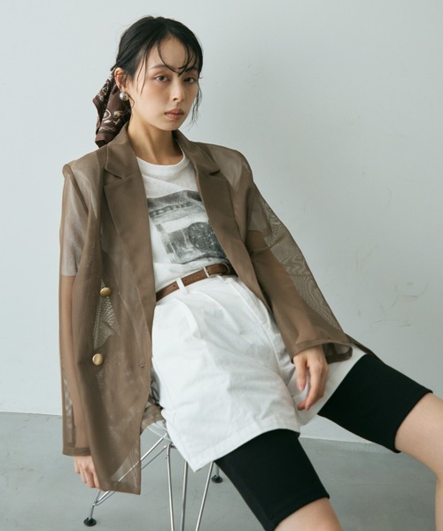 Trish(トリッシュ)の「メッシュシアーテーラードJK(テーラードジャケット・レディース・ネイビー/ブラウン・MEDIUM)」の2枚目の写真