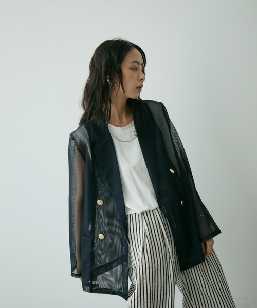 Trish(トリッシュ)の「メッシュシアーテーラードJK(テーラードジャケット・レディース・ネイビー/ブラウン・MEDIUM)」の12枚目の写真