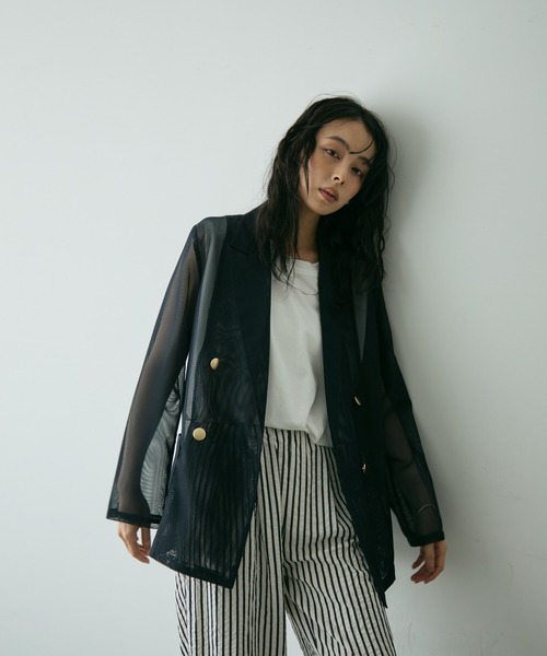 Trish(トリッシュ)の「メッシュシアーテーラードJK(テーラードジャケット・レディース・ネイビー/ブラウン・MEDIUM)」の3枚目の写真