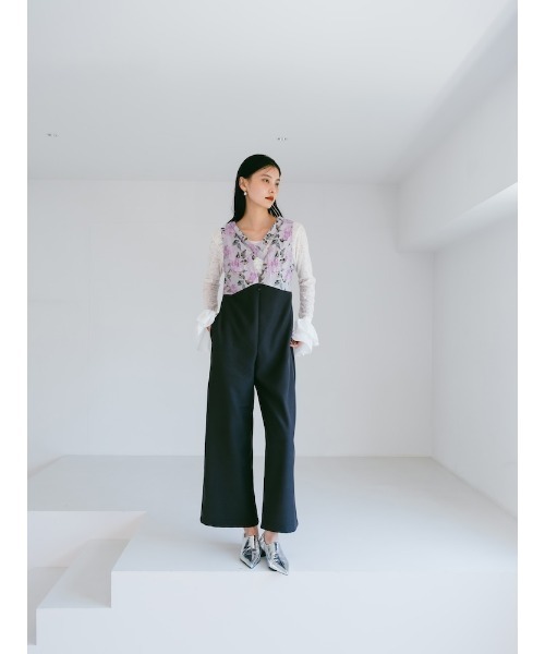 セール】Cross Neck Jacquard Jumpsuits/クロスネックジャガード