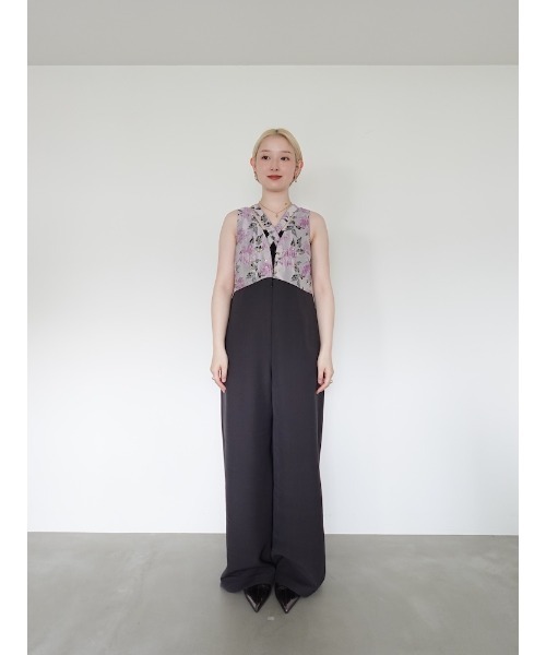 セール】Cross Neck Jacquard Jumpsuits/クロスネックジャガード