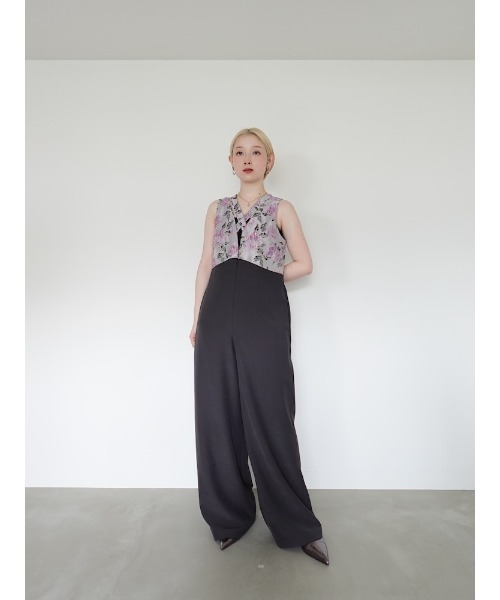 セール】Cross Neck Jacquard Jumpsuits/クロスネックジャガード